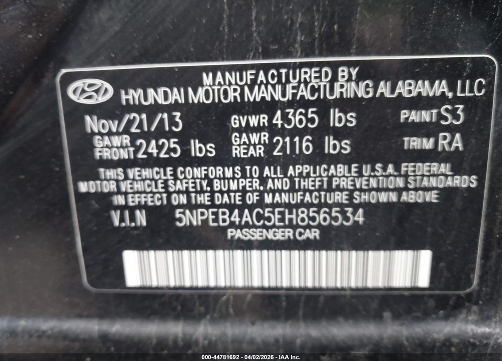 2014 HYUNDAI SONATA GLS VIN: 5NPEB4AC5EH856534