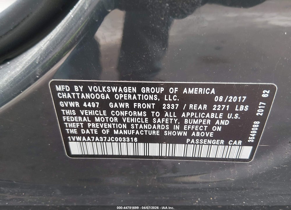 2018 VOLKSWAGEN PASSAT 2.0T R-LINE/2.0T S VIN: 1VWAA7A37JC003316