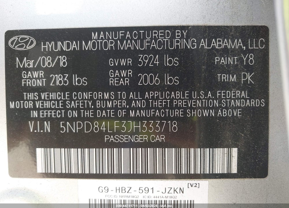 2018 HYUNDAI ELANTRA SEL VIN: 5NPD84LF3JH333718