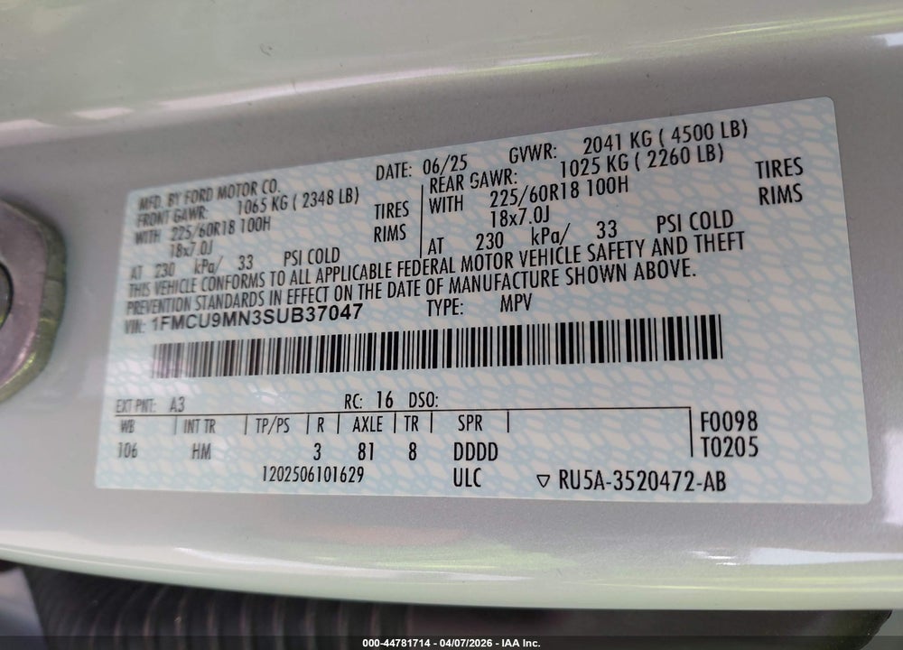 2025 FORD ESCAPE ST-LINE VIN: 1FMCU9MN3SUB37047
