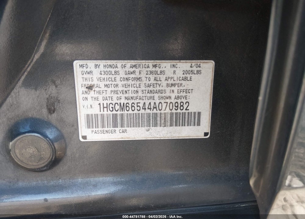 2004 HONDA ACCORD 3.0 EX VIN: 1HGCM66544A070982