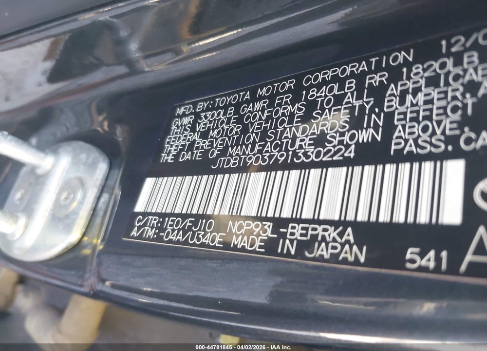 2009 TOYOTA YARIS VIN: JTDBT903791330224