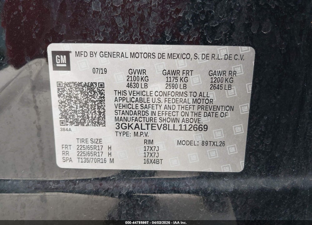 2020 GMC TERRAIN AWD SLE VIN: 3GKALTEV8LL112669