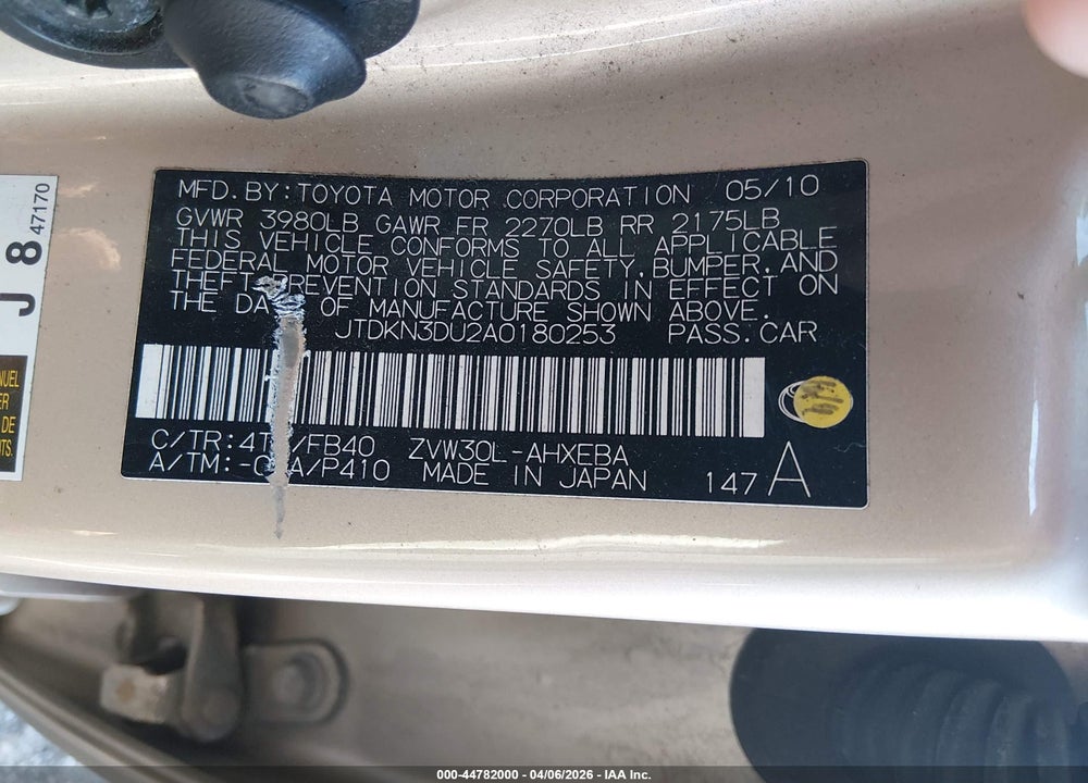 2010 TOYOTA PRIUS III VIN: JTDKN3DU2A0180253