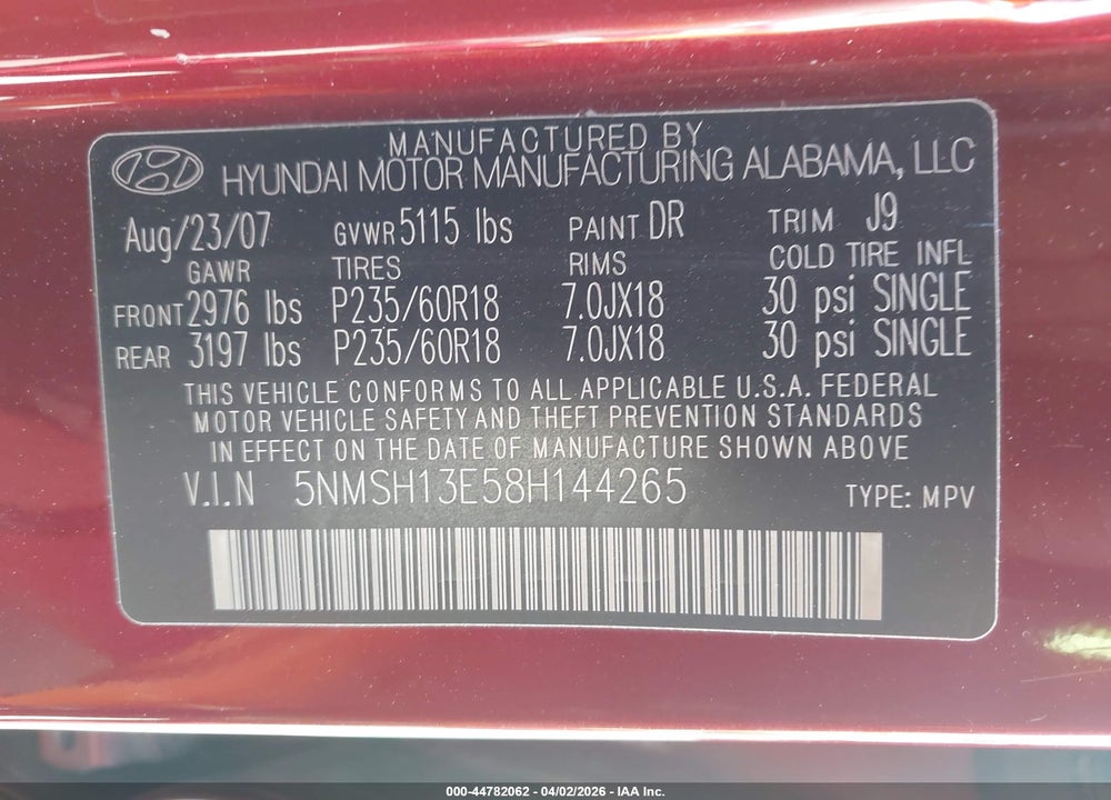 2008 HYUNDAI SANTA FE LIMITED/SE VIN: 5NMSH13E58H144265