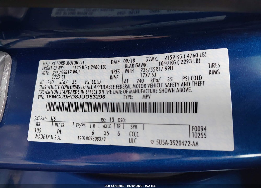 2018 FORD ESCAPE SEL VIN: 1FMCU9HD8JUD53296
