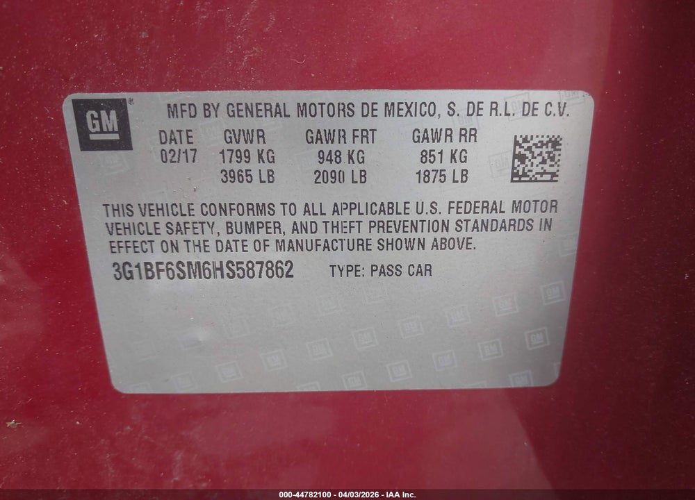 2017 CHEVROLET CRUZE PREMIER AUTO VIN: 3G1BF6SM6HS587862