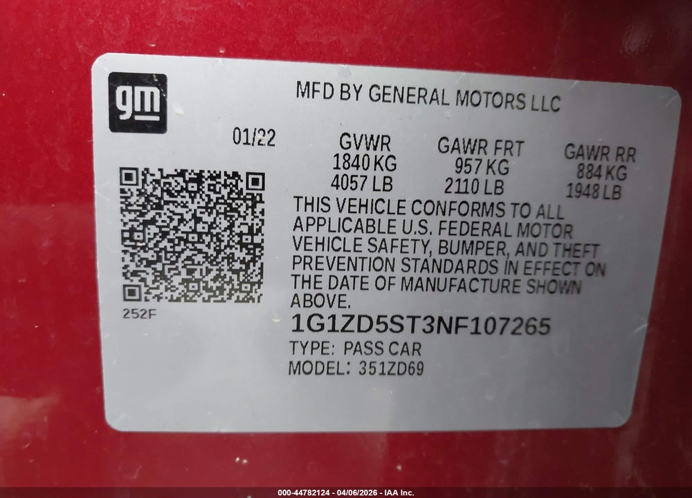 2022 CHEVROLET MALIBU FWD LT VIN: 1G1ZD5ST3NF107265