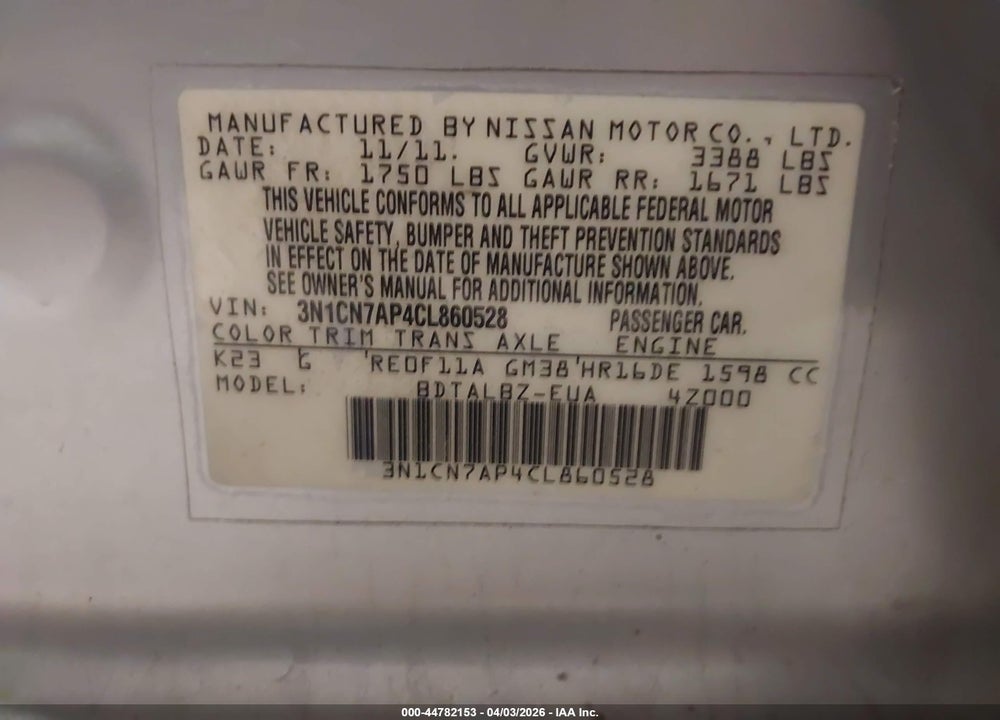 2012 NISSAN VERSA 1.6 SV VIN: 3N1CN7AP4CL860528