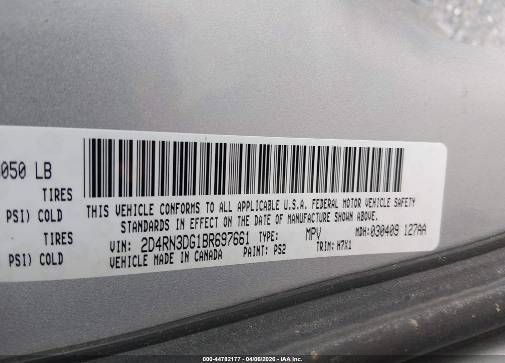 2011 DODGE GRAND CARAVAN MAINSTREET VIN: 2D4RN3DG1BR697661
