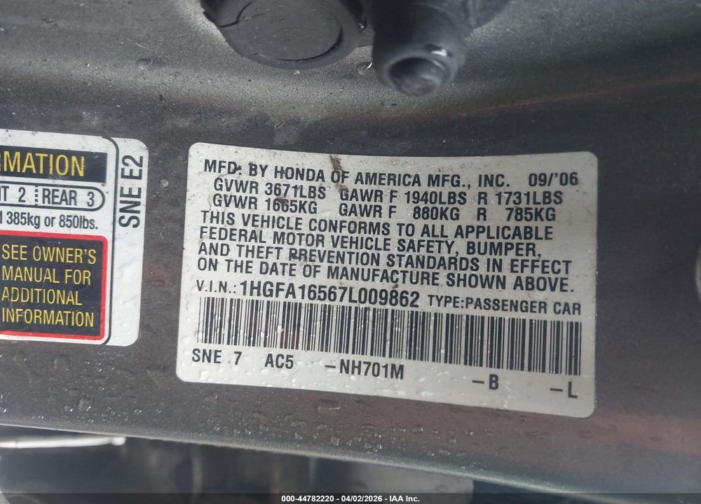 2007 HONDA CIVIC LX VIN: 1HGFA16567L009862