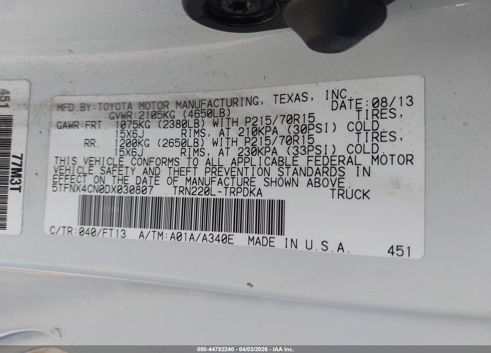2013 TOYOTA TACOMA VIN: 5TFNX4CN0DX030807
