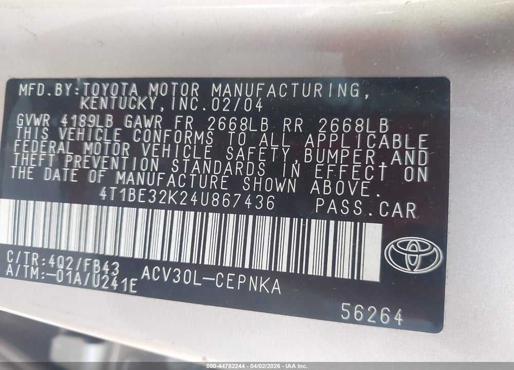 2004 TOYOTA CAMRY LE VIN: 4T1BE32K24U867436