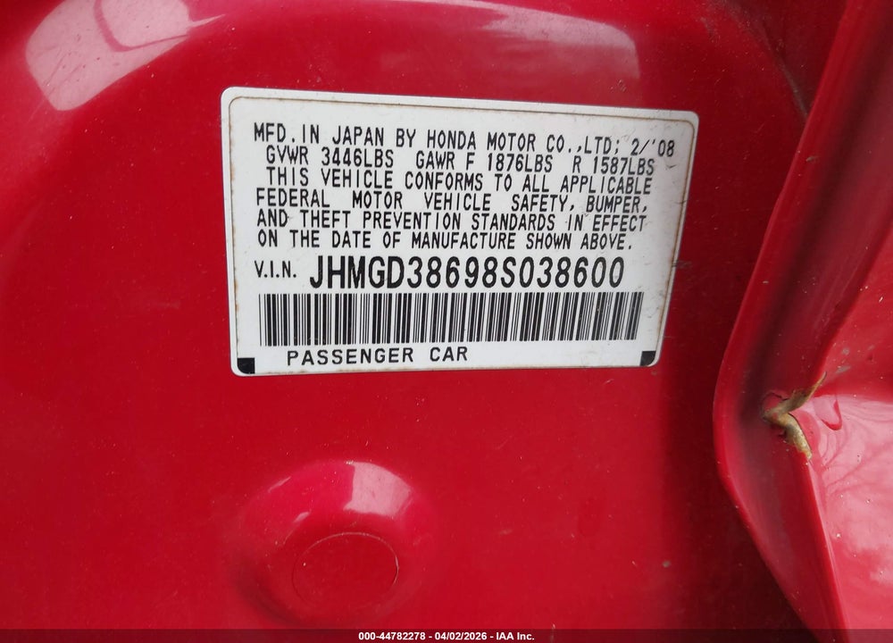 2008 HONDA FIT SPORT VIN: JHMGD38698S038600