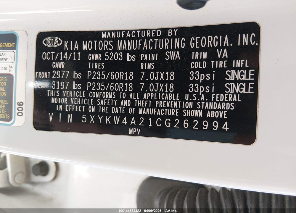 2012 KIA SORENTO SX V6 VIN: 5XYKW4A21CG262994