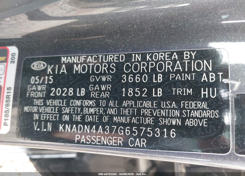 2016 KIA RIO EX VIN: KNADN4A37G6575316