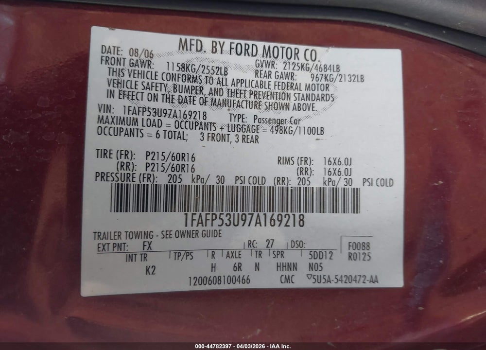 2007 FORD TAURUS SE VIN: 1FAFP53U97A169218