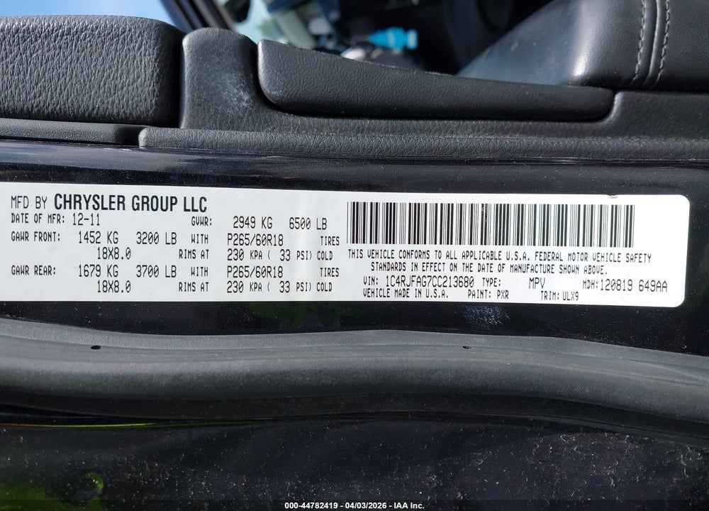 2012 JEEP GRAND CHEROKEE LAREDO VIN: 1C4RJFAG7CC213680