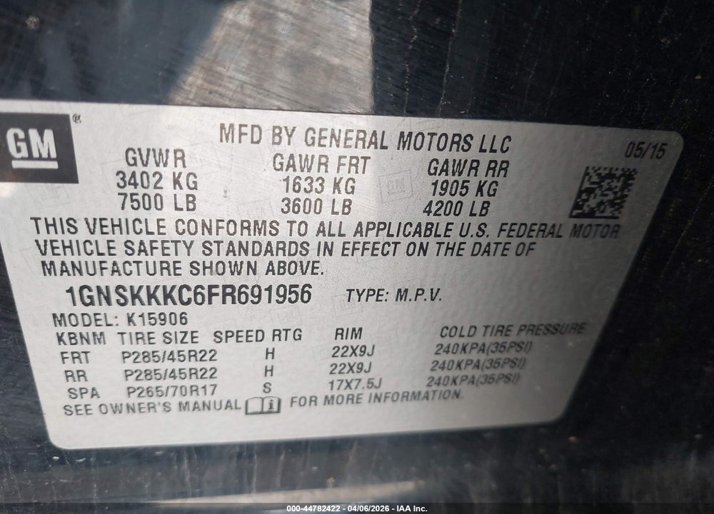 2015 CHEVROLET SUBURBAN 1500 LTZ VIN: 1GNSKKKC6FR691956