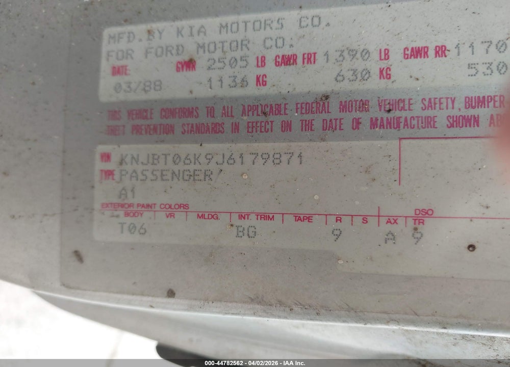 1988 FORD FESTIVA L VIN: KNJBT06K9J6179871