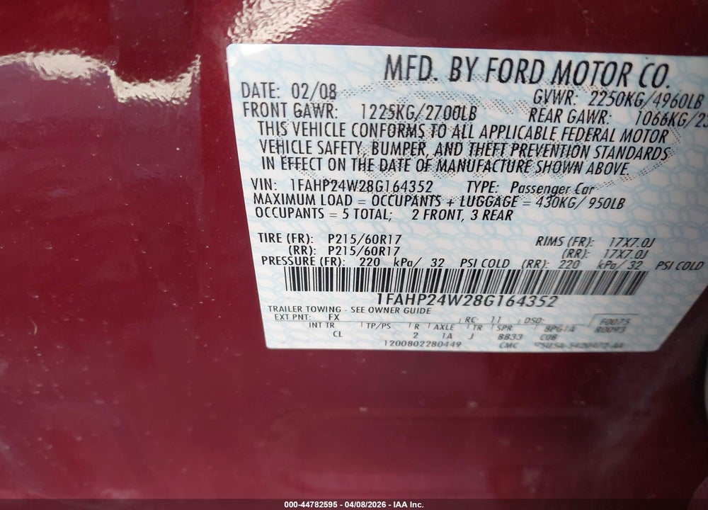 2008 FORD TAURUS SEL VIN: 1FAHP24W28G164352