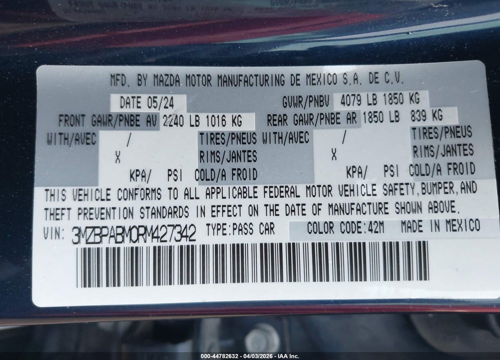 2024 MAZDA 3 2.5 S SELECT SPORT VIN: 3MZBPABM0RM427342
