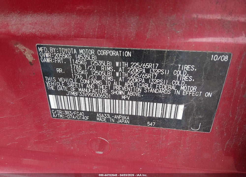 2009 TOYOTA RAV4 VIN: JTMBF33V99D006501