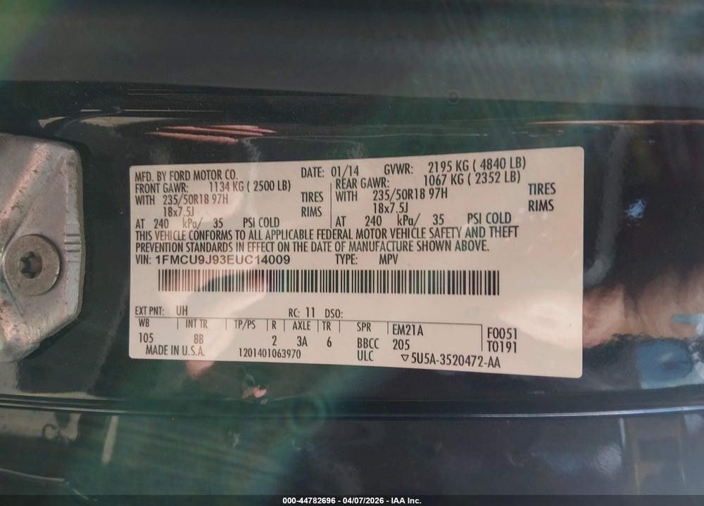 2014 FORD ESCAPE TITANIUM VIN: 1FMCU9J93EUC14009