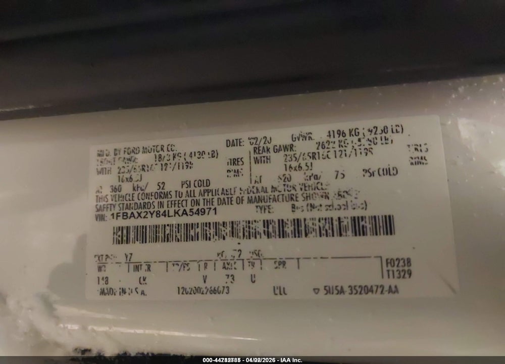 2020 FORD TRANSIT-350 PASSENGER VAN XLT VIN: 1FBAX2Y84LKA54971
