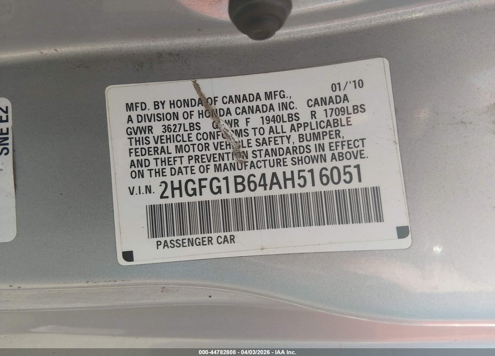 2010 HONDA CIVIC LX VIN: 2HGFG1B64AH516051