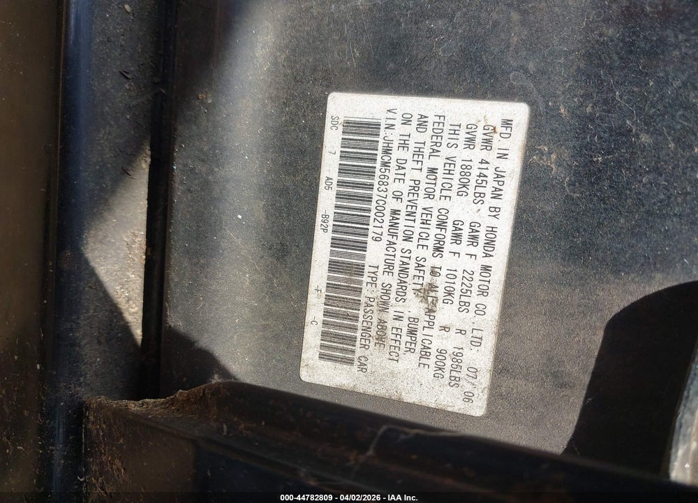 2007 HONDA ACCORD 2.4 EX VIN: JHMCM56837C002179