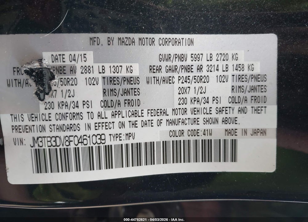 2015 MAZDA CX-9 GRAND TOURING VIN: JM3TB3DV8F0461039