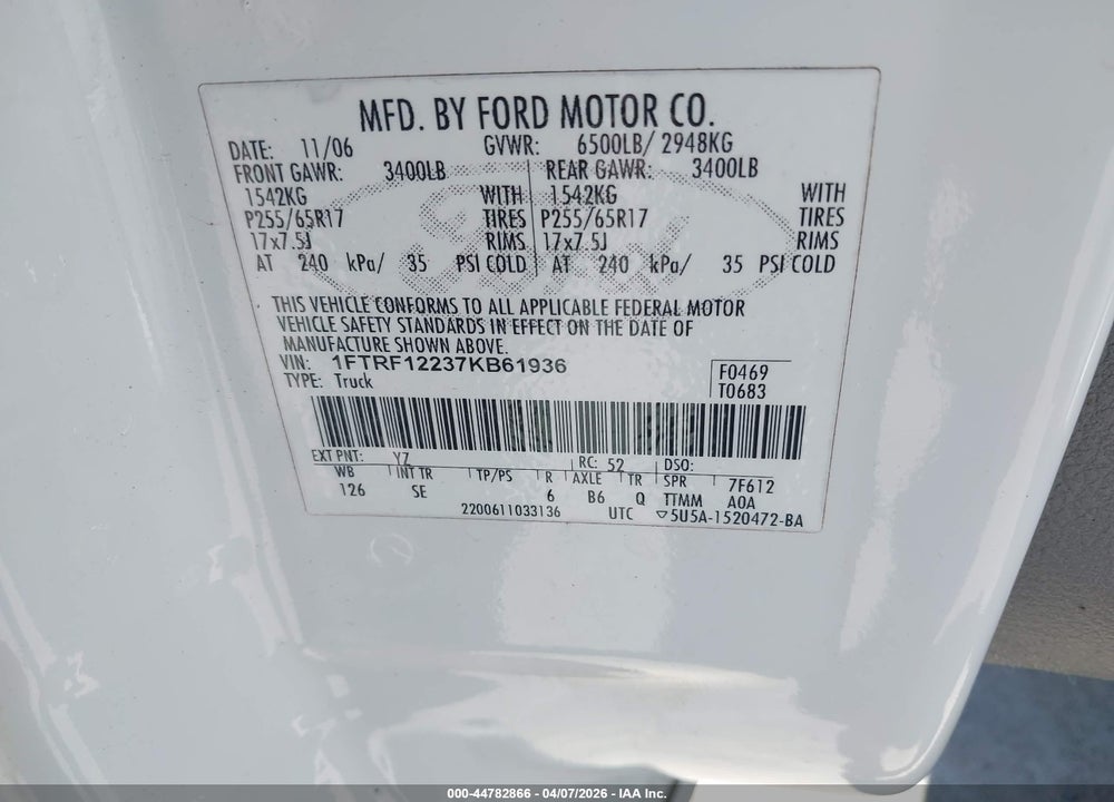 2007 FORD F-150 STX/XL/XLT VIN: 1FTRF12237KB61936