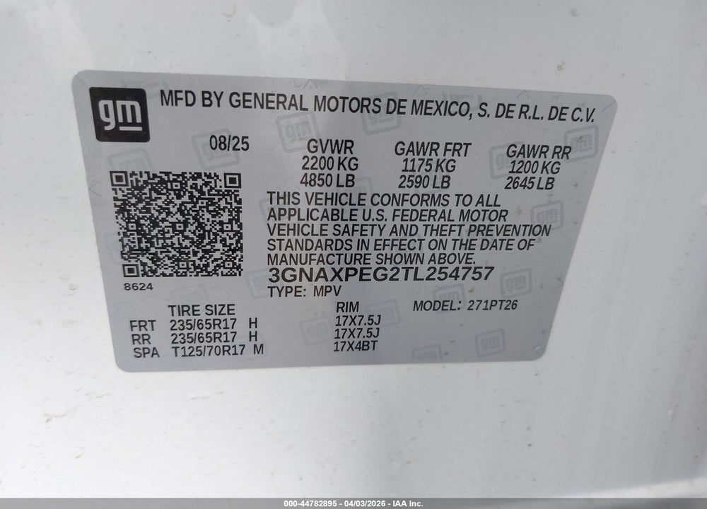 2026 CHEVROLET EQUINOX AWD LT VIN: 3GNAXPEG2TL254757