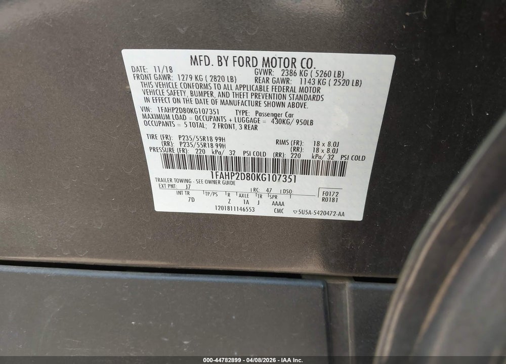 2019 FORD TAURUS SE VIN: 1FAHP2D80KG107351