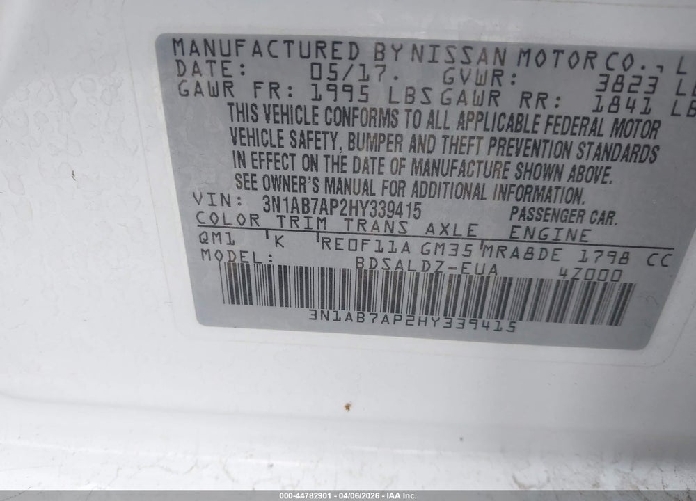 2017 NISSAN SENTRA SV VIN: 3N1AB7AP2HY339415