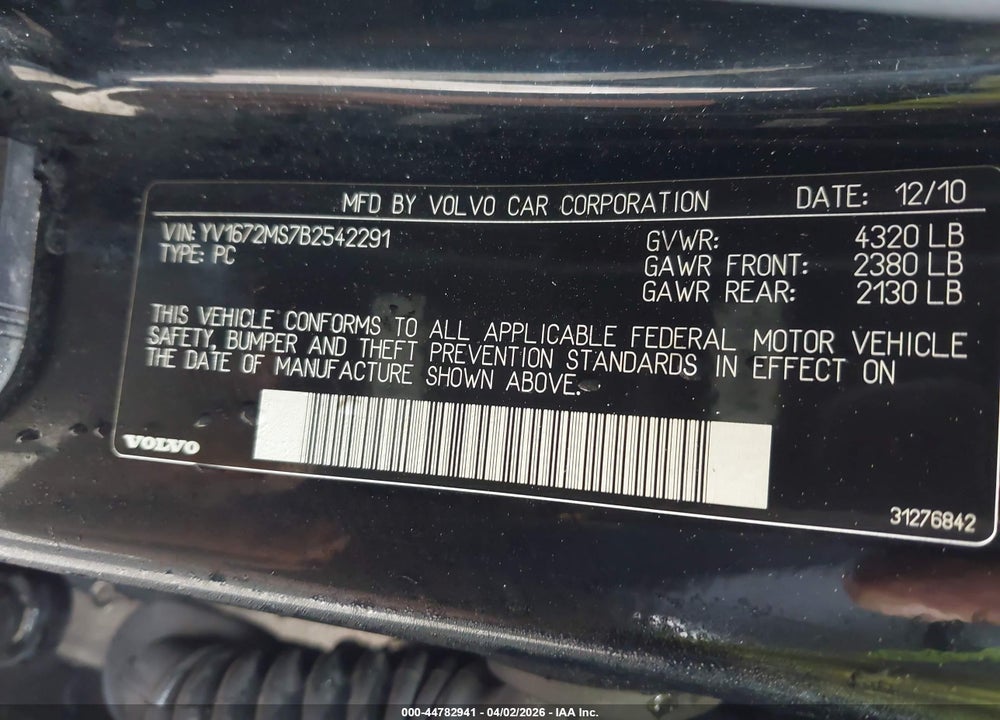 2011 VOLVO S40 T5/T5 R-DESIGN VIN: YV1672MS7B2542291