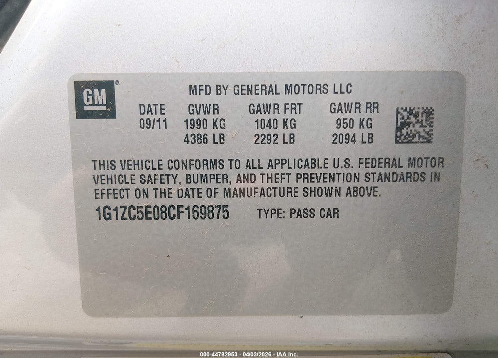 2012 CHEVROLET MALIBU 1LT VIN: 1G1ZC5E08CF169875
