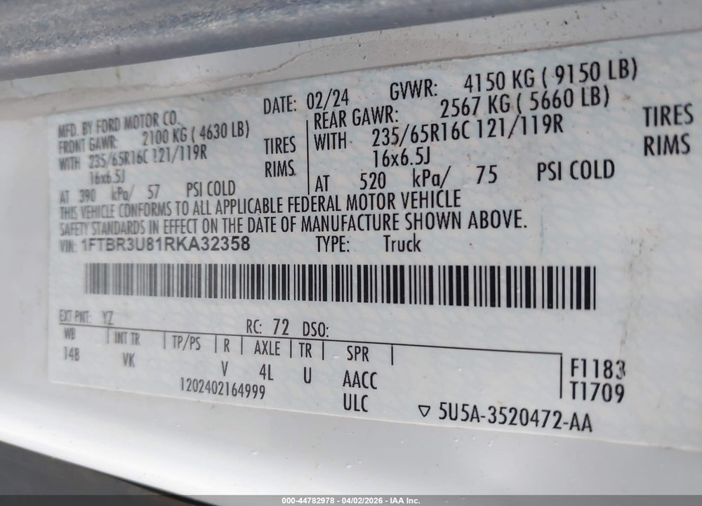 2024 FORD TRANSIT-250 CARGO VAN VIN: 1FTBR3U81RKA32358