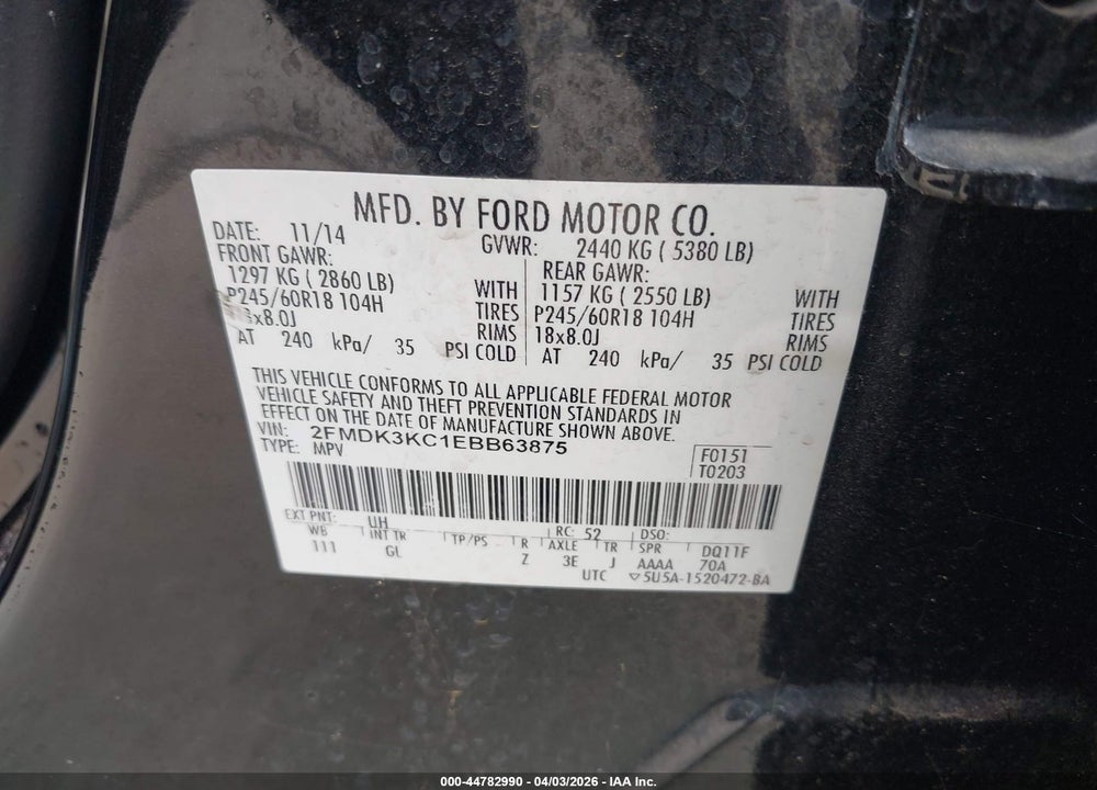 2014 FORD EDGE LIMITED VIN: 2FMDK3KC1EBB63875