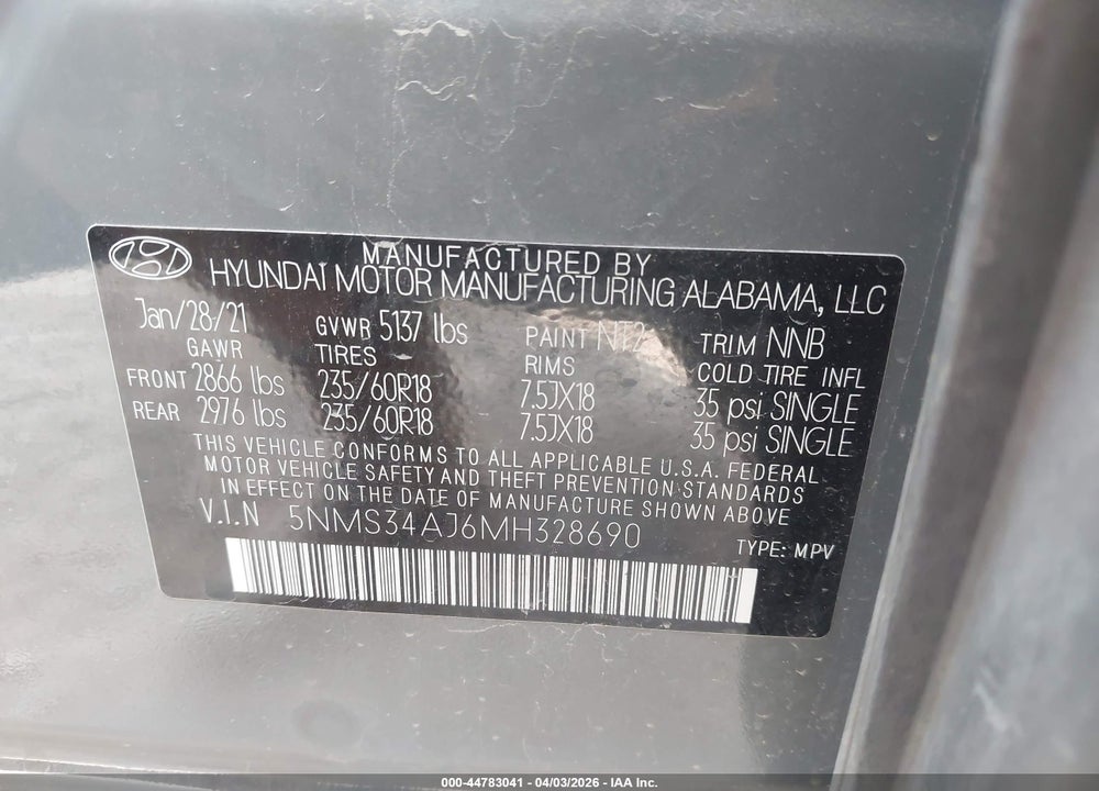 2021 HYUNDAI SANTA FE SEL VIN: 5NMS34AJ6MH328690