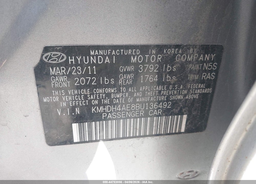 2011 HYUNDAI ELANTRA GLS (ULSAN PLANT) VIN: KMHDH4AE8BU136492