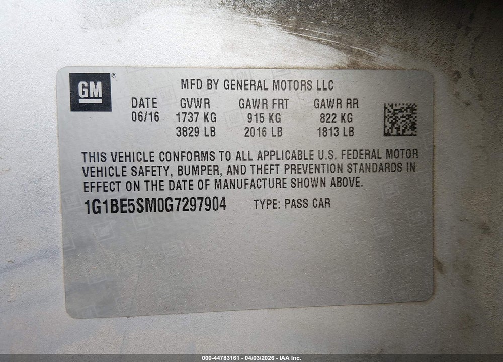 2016 CHEVROLET CRUZE LT AUTO VIN: 1G1BE5SM0G7297904