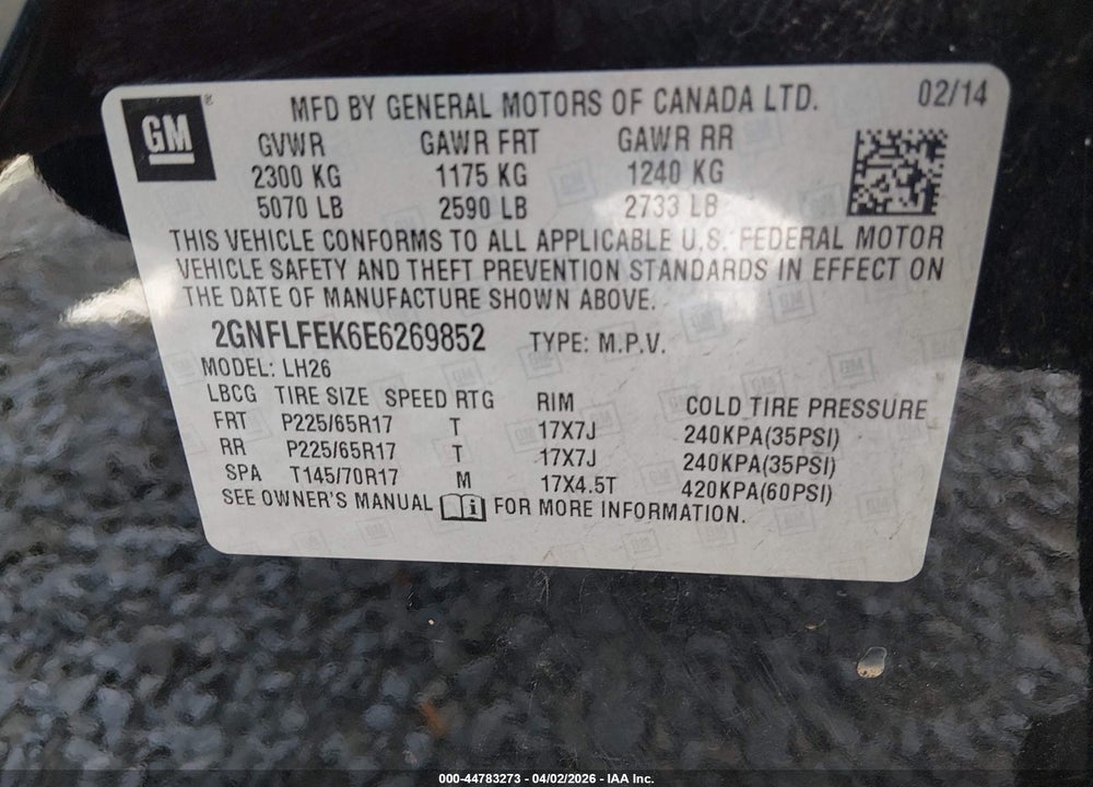 2014 CHEVROLET EQUINOX 1LT VIN: 2GNFLFEK6E6269852