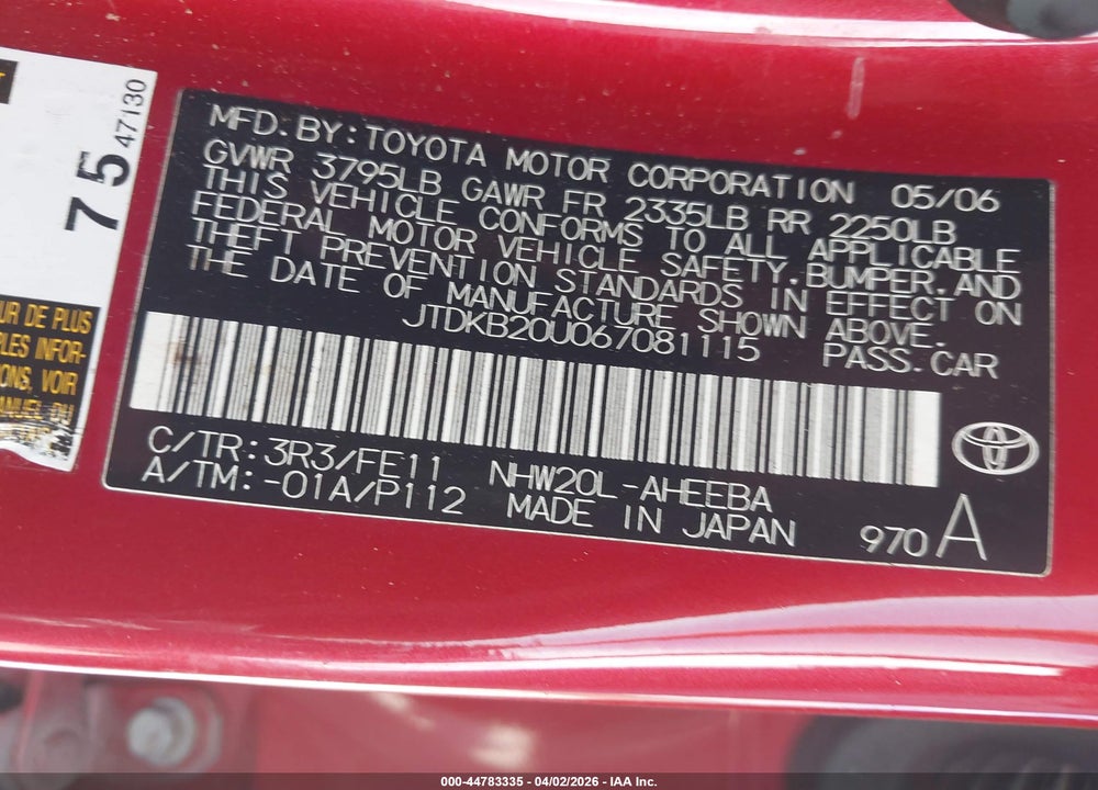 2006 TOYOTA PRIUS VIN: JTDKB20U067081115