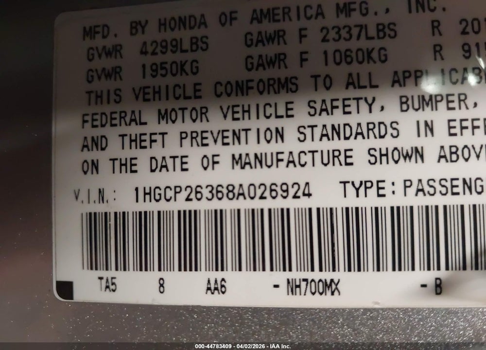 2008 HONDA ACCORD LX VIN: 1HGCP26368A026924
