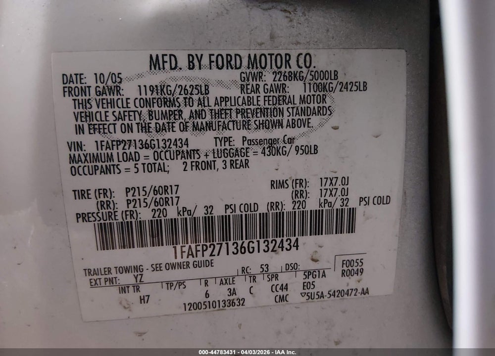 2006 FORD FIVE HUNDRED SEL VIN: 1FAFP27136G132434
