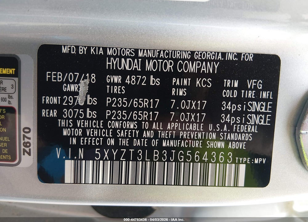 2018 HYUNDAI SANTA FE SPORT 2.4L VIN: 5XYZT3LB3JG564363