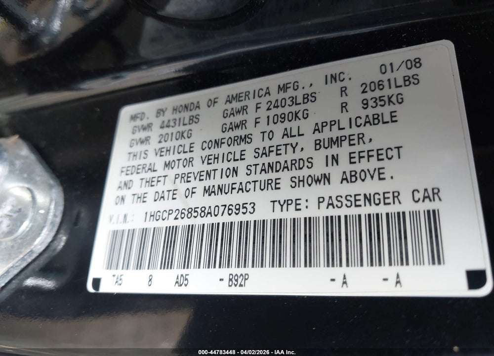2008 HONDA ACCORD 2.4 EX-L VIN: 1HGCP26858A076953