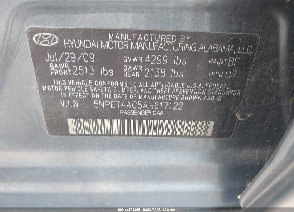 2010 HYUNDAI SONATA GLS VIN: 5NPET4AC5AH617122